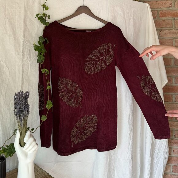 ✨RARE✨ 100% Wool Vintage Balloon Sleeve Tunic Wine Sweater with Gold Leaves - Picture 6 of 9